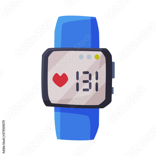 Smartwatch with Heart Rate Healthcare App, Portable Pulse Tracker with Touchscreen, Sport Equipment Vector Illustration on White Background