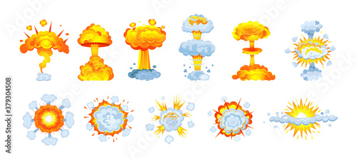 Animation for game of explosion effect. Frame comic animation with effect of fun explosion, divided into separate scenes framed artwork. Fire smoke, burning with elements flame, particles