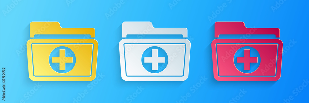 Obraz premium Paper cut Medical health record folder for healthcare icon isolated on blue background. Patient file icon. Medical history symbol. Paper art style. Vector.