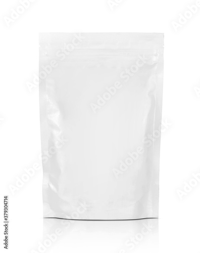 white zipper pouch for food product packaging design mock-up isolated on white background photo