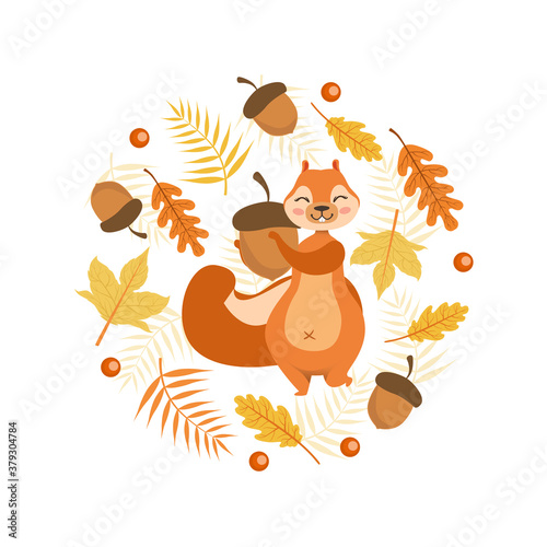 Autumn Symbols of Round Shape  Cute Squirrel with Acorn Surrounded with Colorful Leaves Vector Illustration