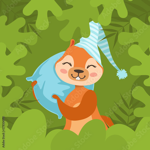 Cute Squirrel in Cap Sleeping on Pillow, Adorable Wild Animal Character Lying in Green Bed Vector Illustration