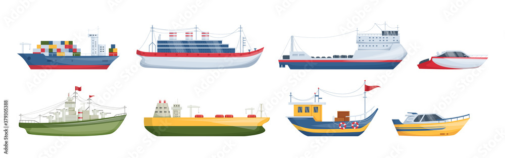 Fototapeta premium Maritime ships at sea, shipping boats, sailboat, yacht sailing, cargo cruise ship, steamship, vessel, frigate with sails, battleship, tanker. Water transportation boat tourism transport cartoon