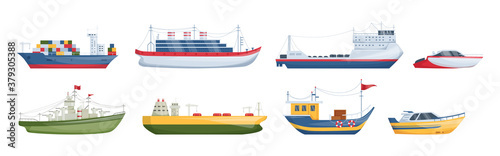Maritime ships at sea, shipping boats, sailboat, yacht sailing, cargo cruise ship, steamship, vessel, frigate with sails, battleship, tanker. Water transportation boat tourism transport cartoon
