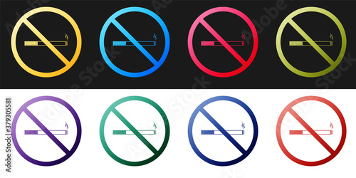 Set No Smoking icon isolated on black and white background. Cigarette symbol. Vector.