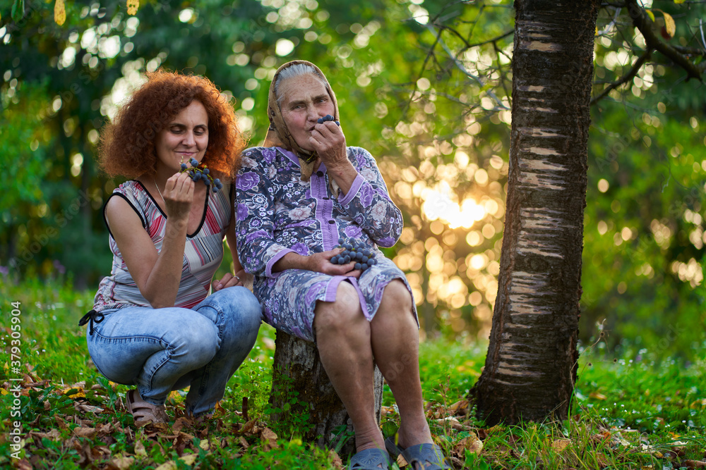 Mother and daughter eating grapes at sunset Mother and daughter eating grapes at sunset
