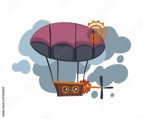 Vintage Steampunk Airship, Antique Mechanical Device or Mechanism, Stylized Cartoon Style Vector Illustration