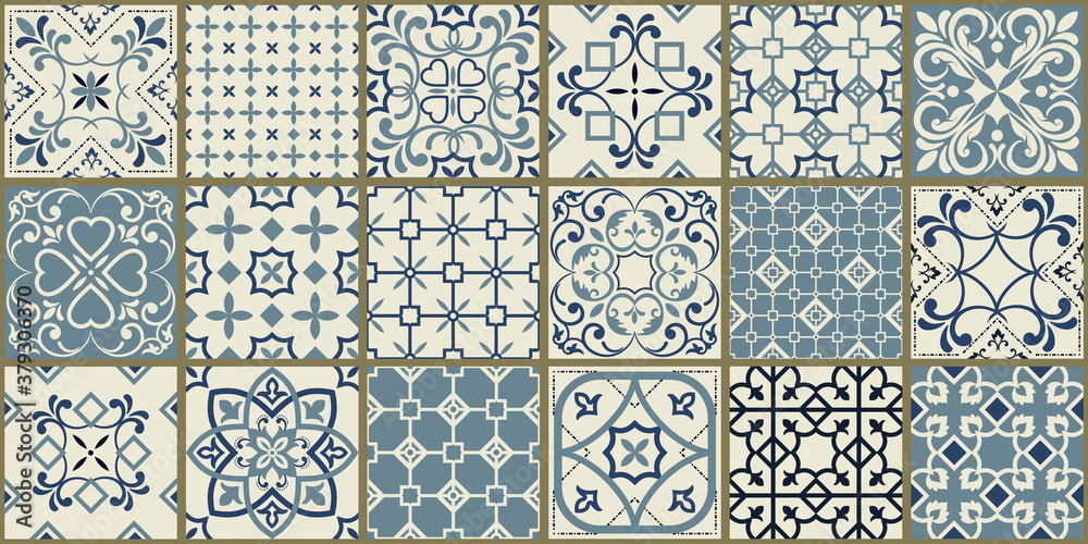 Collection of 18 ceramic tiles in turkish style. Seamless colorful patchwork from Azulejo tiles. Portuguese and Spain decor. Islam, Arabic, Indian, Ottoman motif. Vector Hand drawn background