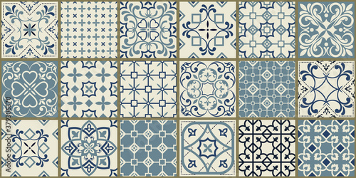 Collection of 18 ceramic tiles in turkish style. Seamless colorful patchwork from Azulejo tiles. Portuguese and Spain decor. Islam, Arabic, Indian, Ottoman motif. Vector Hand drawn background