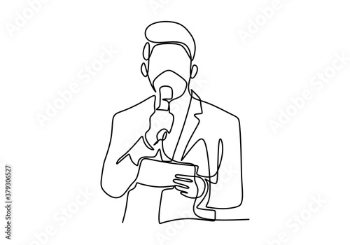 One continuous single line drawn of man wearing face mask is giving a speech. The hospital directors was giving a speech about Covid and gave an appeal to the public to maintain health.