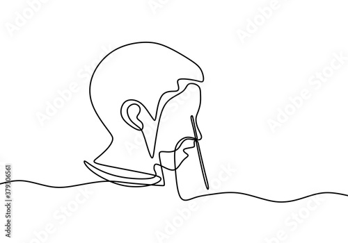 Medical staff take Coronavirus test by swab test one continuous line draw minimalism design. A man is doing a swab test through his nose. Medical test for COVID-19 concept. Vector Illustration