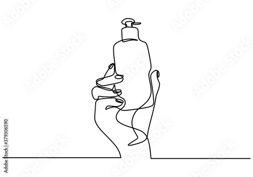 Continuous one line drawing of hand holding bottle with liquid soap isolated on white background. Wash your hands with soap or hand sanitizer line art design minimalist style. Vector illustration