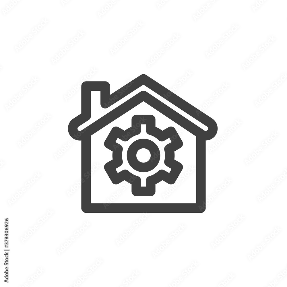 Home and gear line icon. linear style sign for mobile concept and web design. Smart home settings outline vector icon. Symbol, logo illustration. Vector graphics Home and gear line icon. linear style sign for mobile concept and web design. Smart home settings outline vector icon. Symbol, logo illustration. Vector graphics