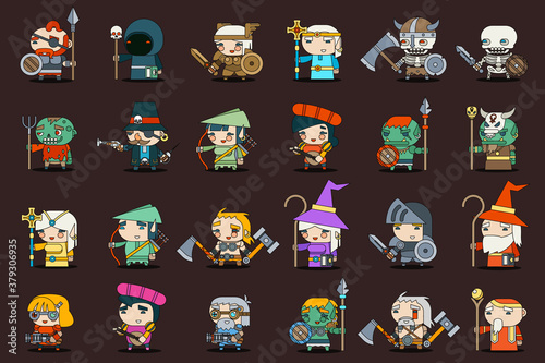 Fantasy rpg game heroes villains minions character vector outline icons set flat design vector illustration