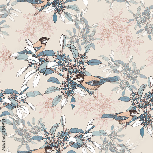 Seamless vector pattern with birds titmouse and branches with berries