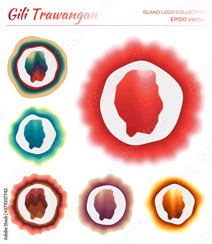 Gili Trawangan logo collection. Colorful logo of the island. Unique layered dynamic frames around Gili Trawangan border shape. Vector illustration.