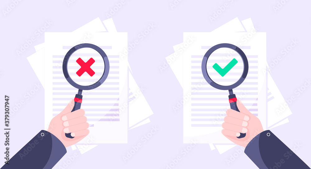 Correct and reject document verification concept with paper sheets and check mark tick and x on it. Success and negative verification business concept flat style design vector illustration set. Correct and reject document verification concept with paper sheets and check mark tick and x on it. Success and negative verification business concept flat style design vector illustration set.