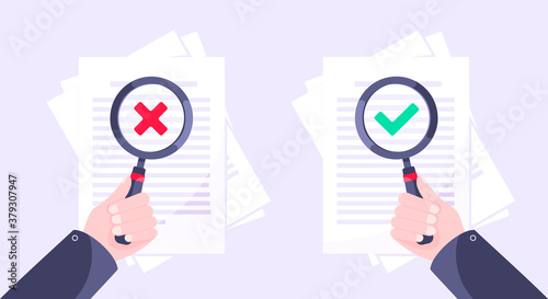 Correct and reject document verification concept with paper sheets and check mark tick and x on it. Success and negative verification business concept flat style design vector illustration set.