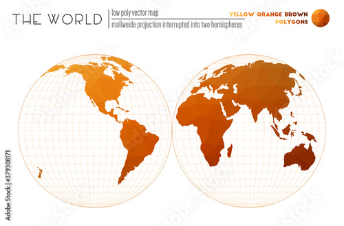 World map with vibrant triangles. Mollweide projection interrupted into two hemispheres of the world. Yellow, orange, and brown colored polygons. Stylish vector illustration.