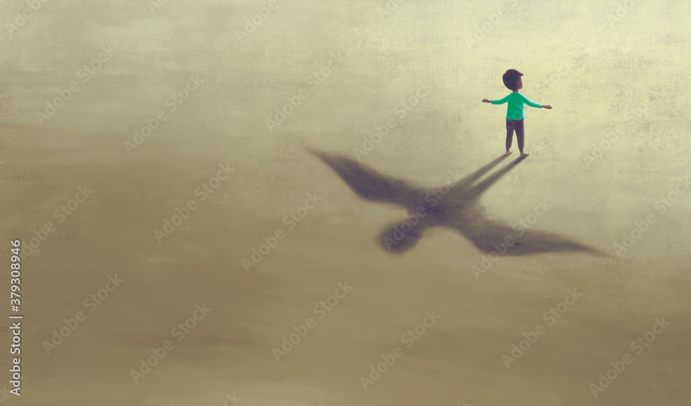 imagination artwork of boy with shadow bird wing, painting art, conceptual illustration,  freedom  ambition and hope concept,  surreal child dream - obrazy, fototapety, plakaty 