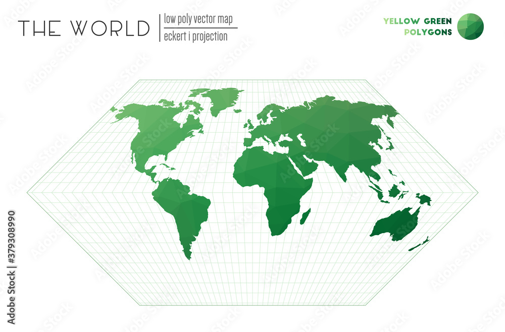 Polygonal map of the world. Eckert I projection of the world. Yellow-green colored polygons. Creative vector illustration. Polygonal map of the world. Eckert I projection of the world. Yellow-green colored polygons. Creative vector illustration.