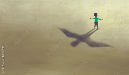 imagination artwork of boy with shadow bird wing, painting art, conceptual illustration,  freedom  ambition and hope concept,  surreal child dream