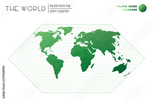 Polygonal map of the world. Eckert I projection of the world. Yellow Green colored polygons. Creative vector illustration.