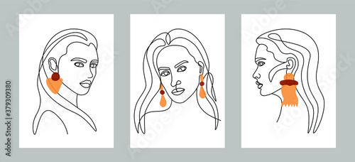 Abstract faces. Modern female silhouettes. Set of trendy hand drawn outline vector illustrations. Minimalistic posters, continuous line portraits with earrings in pastel colors