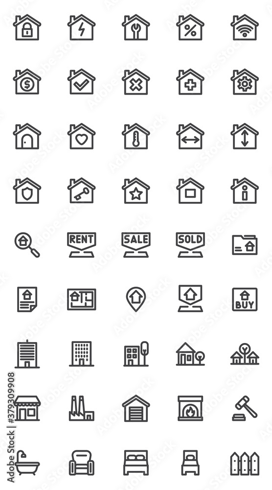 Real estate line icons set. linear style symbols collection, outline signs pack. vector graphics. Set includes icons as sale purchase, rental house, residence property, home project plan, mortgage