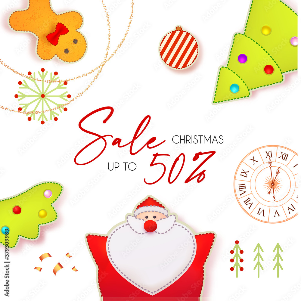 Christmas Sale cute design template with Santa Claus, fir tree, clock, gingerbread man, garland and toys