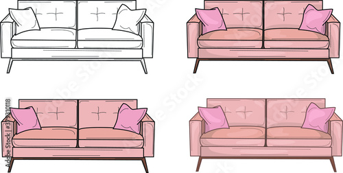 Realistic modern blush pink couch sketch template set. Cartoon vector illustration in black and white and color for games, background, pattern, decor.Print for fabrics and other surfaces.Coloring page