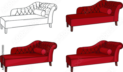 Realistic classic royal burgundy red sofa template set. Vector illustration in black and white and color for games, background, pattern, wallpaper, decor. Coloring paper, page, story book.