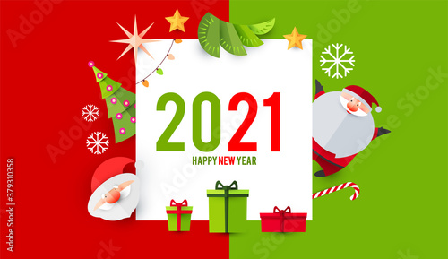 Happy new 2021 year card teplate with cute Santa Claus, fir tree and gifts. Papercut design photo