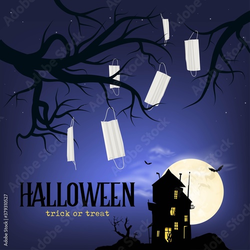Happy Halloween. Haunted, moon, tree, crow, night, mask, dark vector. New normal. Covid-19, pandemi. Greeting cards, posters, banners, flyers and invitations.