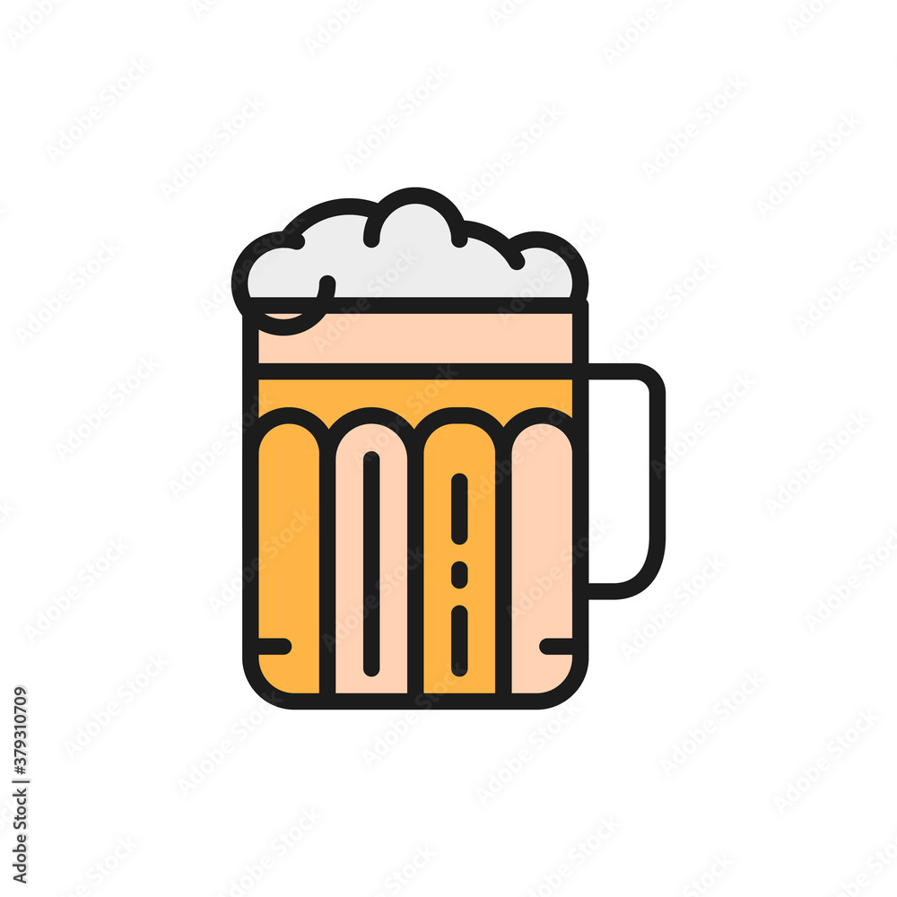 Pint of beer, alcohol, glass with drink flat color line icon. Pint of beer, alcohol, glass with drink flat color line icon.