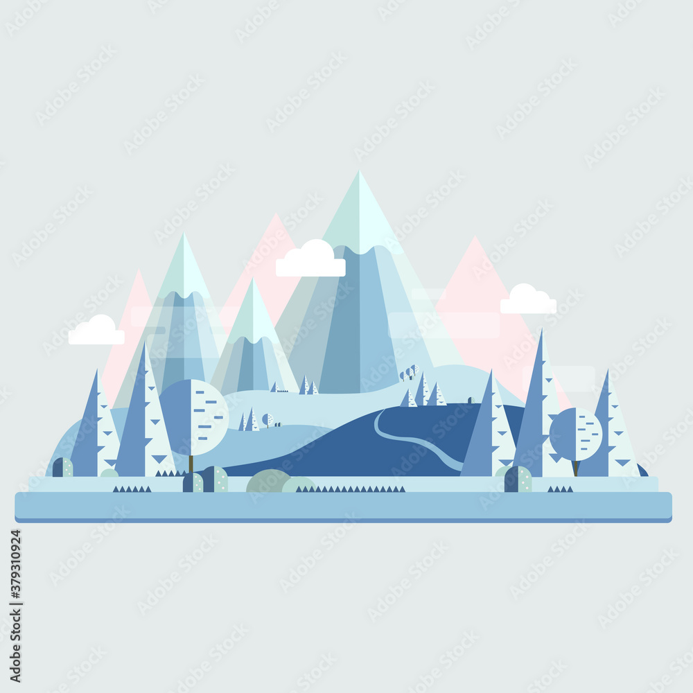 Cartoon flat winter landscape with mountains and evergreen trees template. Christmas vector illustration for games, background, pattern, decor. Children's story book, fairytail Cartoon flat winter landscape with mountains and evergreen trees template. Christmas vector illustration for games, background, pattern, decor. Children's story book, fairytail