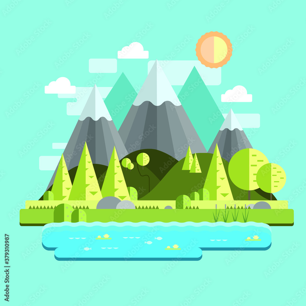 Cartoon flat summer landscape with mountains and trees template. Bright, colorful vector illustration for games, background, pattern, decor, children's story book, fairytail. Print for fabrics 