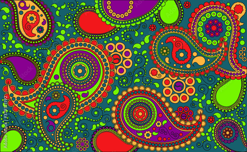 based on Indian fabric ethnic pattern with colored cucumbers on a blue background with a black outline based on Indian fabric ethnic pattern with colored cucumbers on a blue background with a black outline