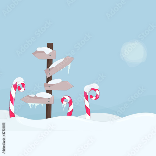 Cartoon winter landscape with with signs and candy canes template set for games, background, pattern, decor. Christmas vector illustration, children's story book, fairytail