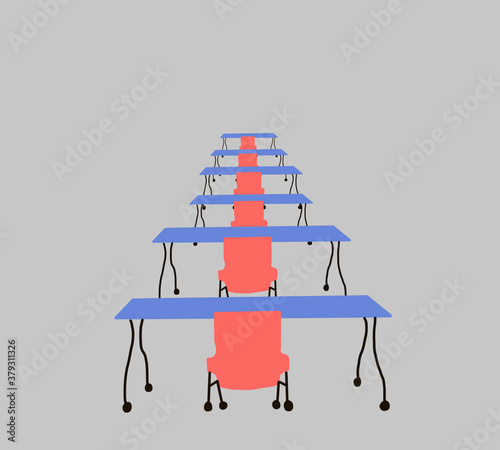 Office workstation COVID-19 outbreak prevention.Keep distance away in office. Practice social distancing (Physical distancing) by working separately.