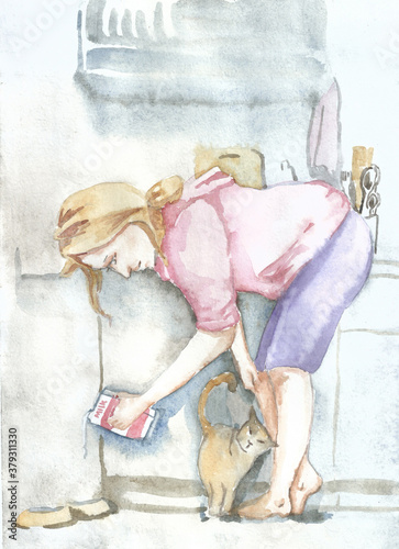 Fototapeta Naklejka Na Ścianę i Meble -  Chanterelle girl in the kitchen. Made by watercolor