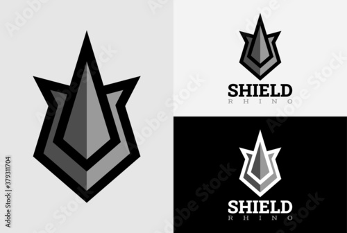 Rhino logo design template. Rhino shield security logo template vector icon illustration.