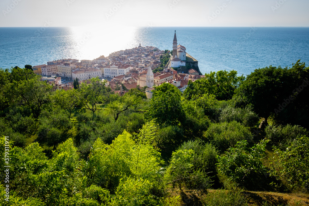 view of the piran city center with sea in background, slovenia