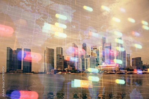 Data theme hologram drawing on city view with skyscrapers background multi exposure. Bigdata concept. © peshkova