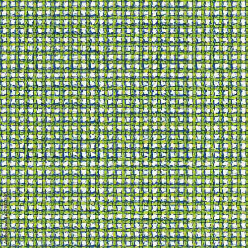 Vector woven cotton effect seamless pattern background. Dense painterly green plaid weave grid backdrop. Repeat gingham mid century fabric style. Burlap cloth all over print for packaging, stationery