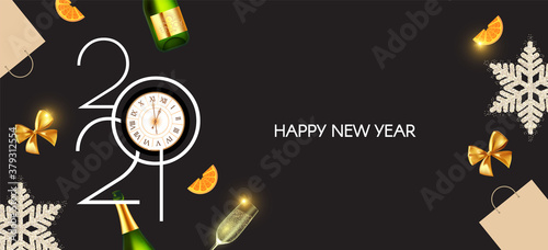 Happy New 2021 Year Elegant poster template. Festive and party design with champagne bottle and glasses. clock. bows. snowflakes, oranges and gifts