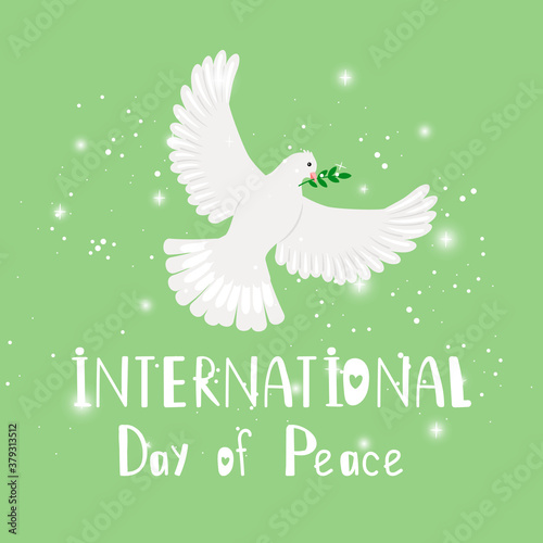 Bird of peace. Symbol of christmas or wedding, pigeon of hope with olive branch, vector illustration concept of international day of peace