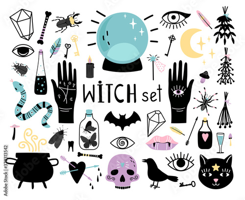 Witch magic elements. Hand drawn collections for wizard, cauldron with potion and crystal ball for magician, vector illustration concept of black witchcraft isolated on white background