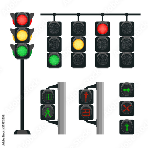 Realistic traffic lights. Safety signals for driving transport on intersection of street in city, vector illustration concept of urban safety with semaphore isolated on white background