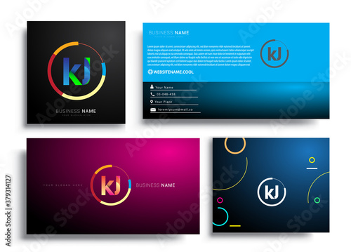 Letter KJ logotype with colorful circle, letter combination logo design with ring, sets of business card for company identity, creative industry, web, isolated on white background.